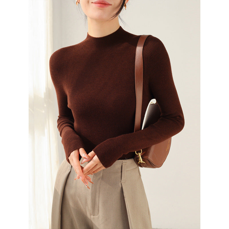 High-end Yangtze yarn semi-turtleneck seamless integrated pullover knitted sweater women's autumn slim-fit full wool backing sweater white