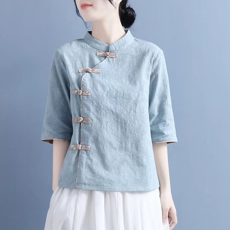 2024 summer new cotton and linen diagonal placket floral disc buckle stand-up collar medium sleeve Chinese style literary and retro shirt top women