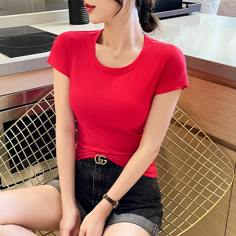 Pure cotton big red short-sleeved t-shirt women's summer slim-fit bottoming shirt with inner top, high-end versatile and thin t-shirt