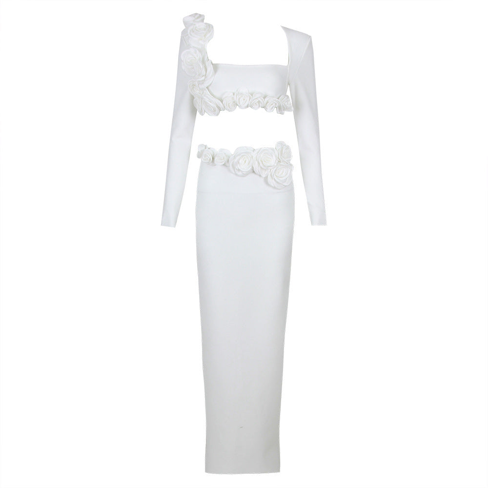 Cross-border fashion open belly white flower set bandage dress, design sense banquet evening dress temperament elegant