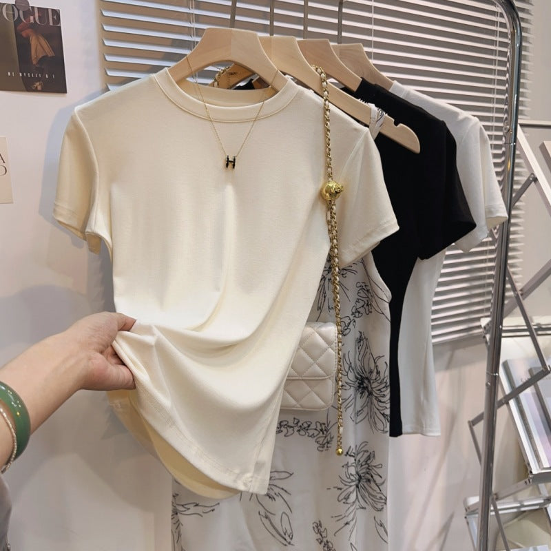 [A code packet of the released version] U-neck summer shoulder ice silk short-sleeved T-shirt women's slim versatile bottoming shirt top