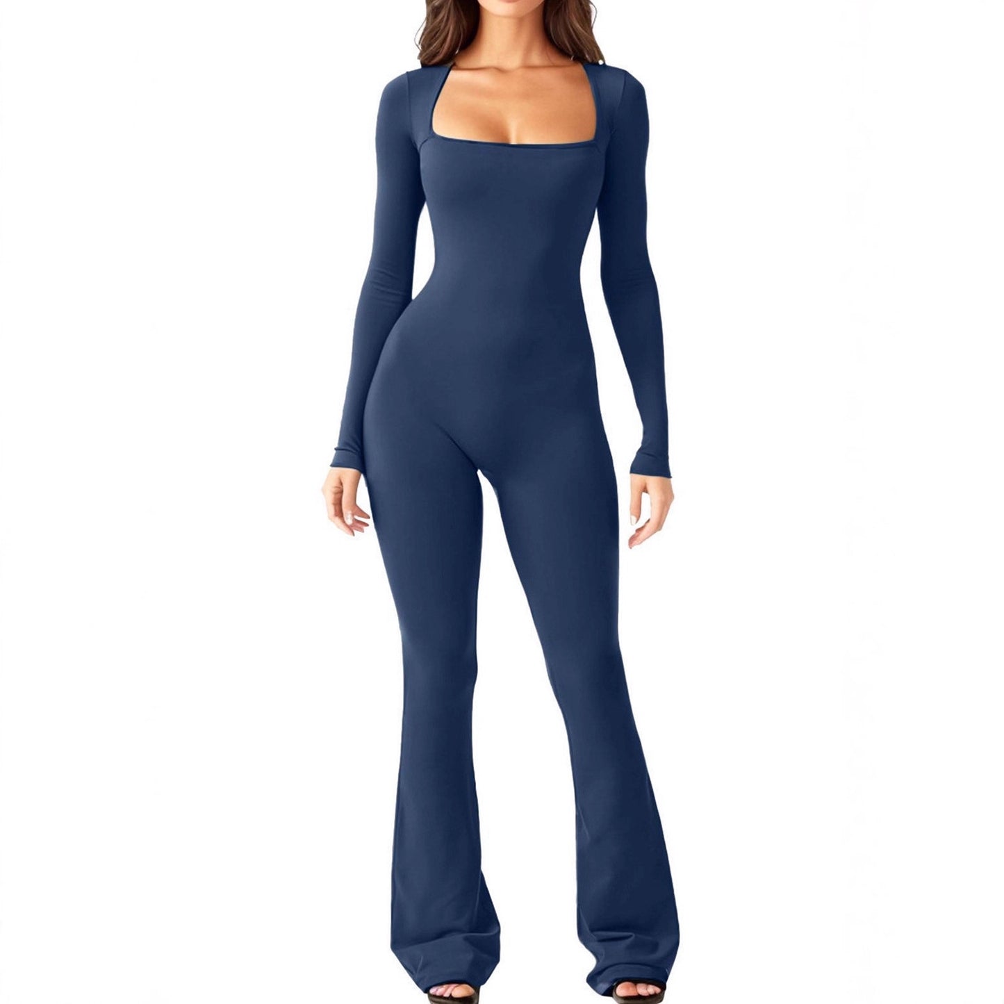 Cross-border Europe, America, Amazon Foreign Trade Women's Long Sleeve Belly Tie Waist Hip Lift Square Neck Wide Leg High Elastic Jumpsuit