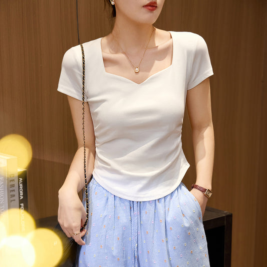 #Combed pure cotton #peach heart square neck short-sleeved T-shirt women's 2026 summer new pleated slim-fitting front shoulder top bottoming shirt