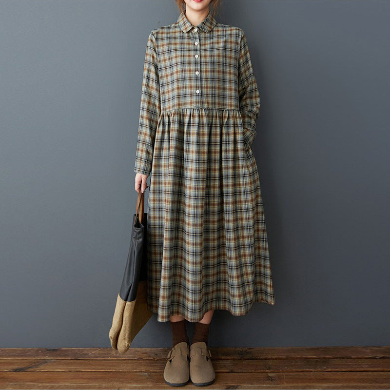 Real shot 2025 spring clothes new women's clothing Korean version loose retro polished plaid thin long-sleeved dress medium and long