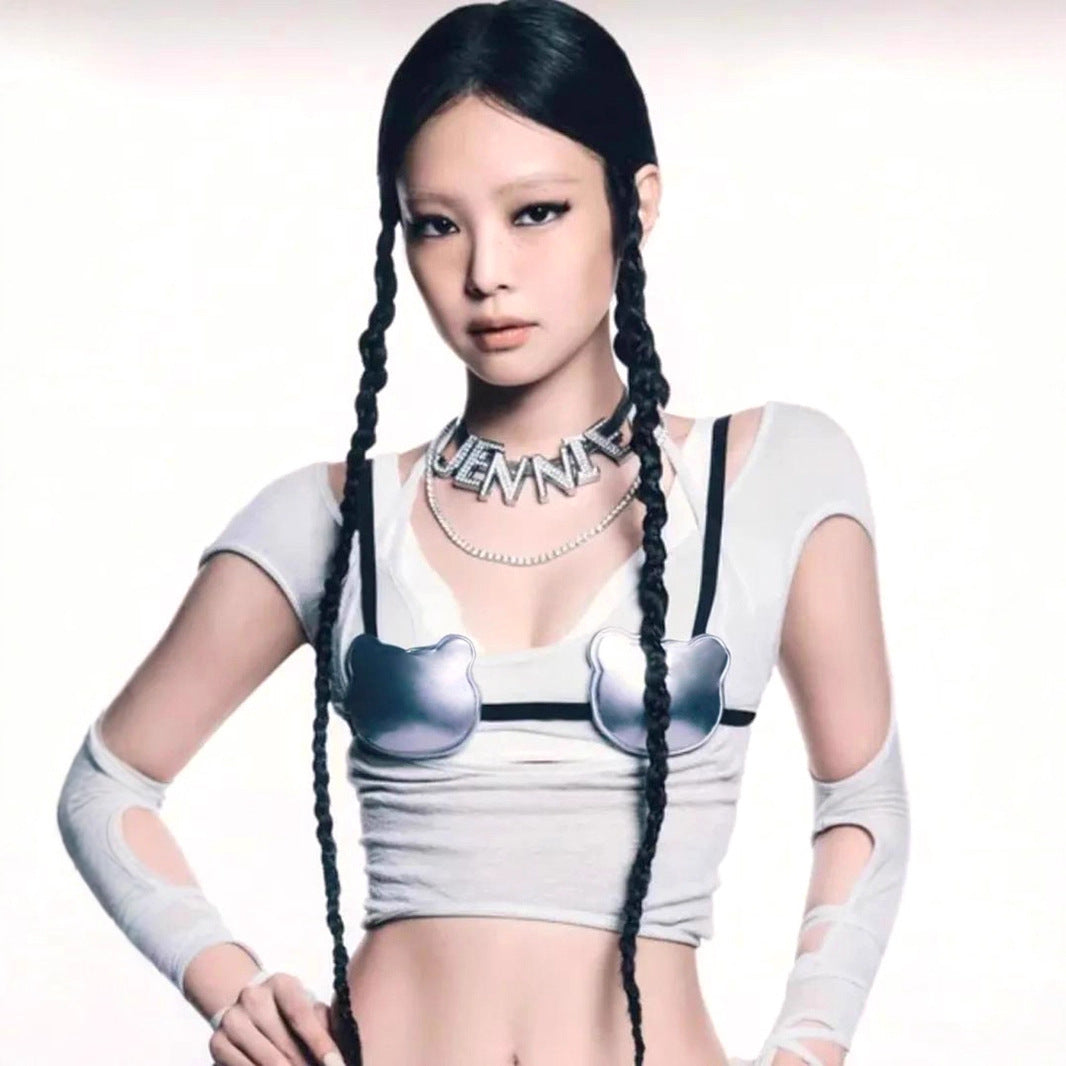 Structural hollowed-out fake two-piece long-sleeved T-shirt, star with the same design, Spice Girl style high-waisted short top