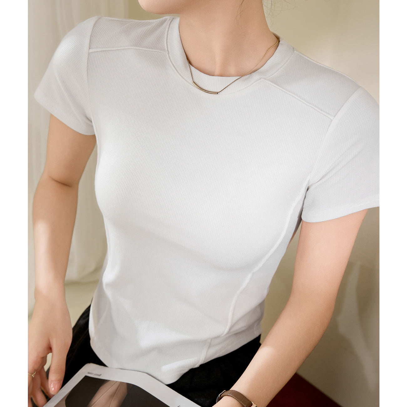[Use good materials] Three-dimensional line design sense high elastic threaded cotton T-shirt women's summer new short-sleeved top bottoming shirt