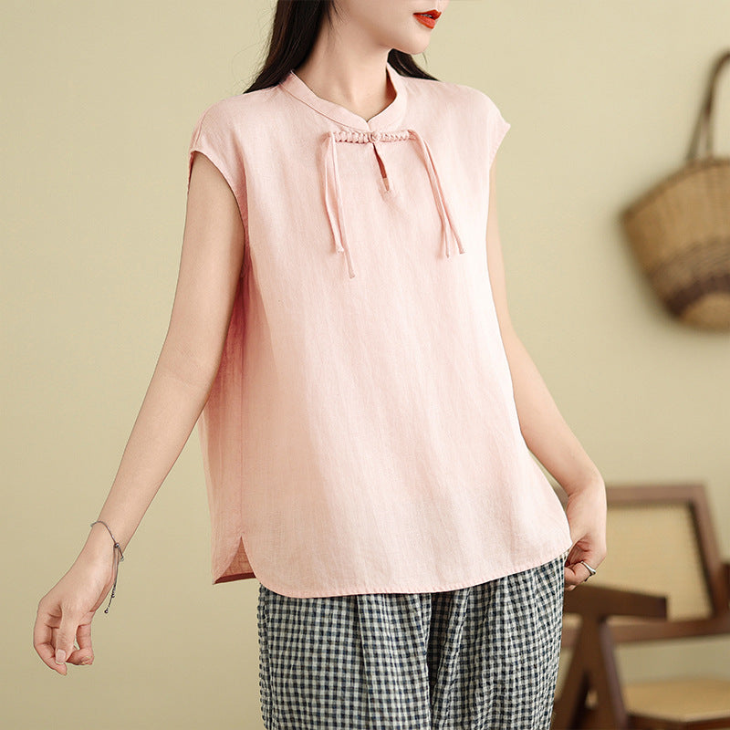 Real shot 2025 summer new literary loose solid color stand-up collar buckle pullover short-sleeved T-shirt women's top #759