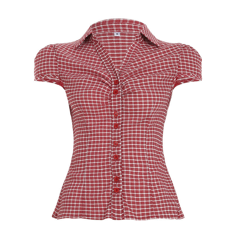 American girly temperament organ pleated solid color POLO neck short-sleeved shirt waist short breasted button-up top