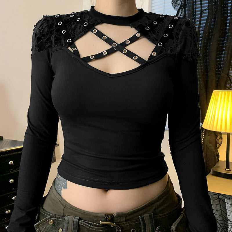 Love cloth forget Y2K dark irregular mesh splicing hollow off-the-shoulder long-sleeved T-shirt sexy see-through slim-fit top