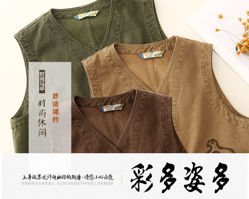 Real shot 2025 spring new literary embroidery pocket tooling vest vest vest vest horse girl