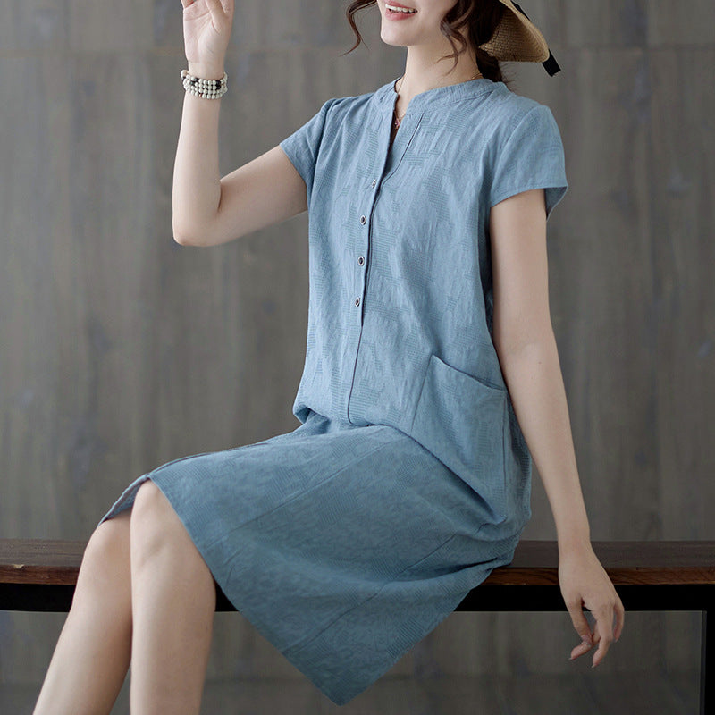Real shot 2025 summer new literary loose jacquard cotton and linen stand-up collar short-sleeved dress women's medium and long #9658