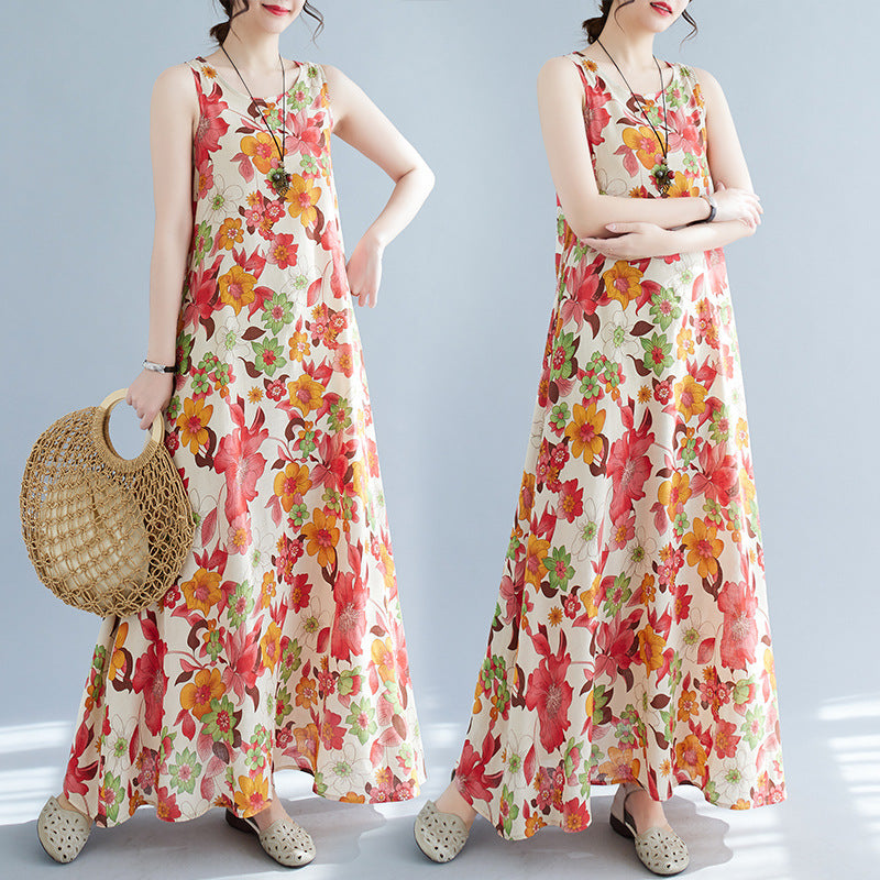 Real shot 2024 summer new bohemian loose cotton and linen print sleeveless dress women's vest skirt #8609