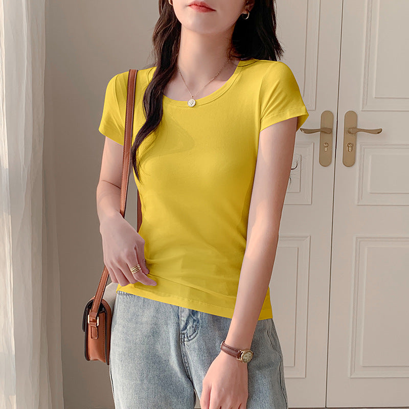 U-neck white versatile short-sleeved T-shirt women's American slim-fitting half-sleeved top low-necked bottoming shirt slim-fitting