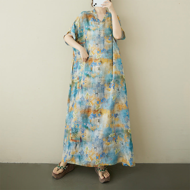 Summer 2025 New Large Size Literary Loose Bohemian Casual V-Neck Short Sleeve Dress Women's Clothing