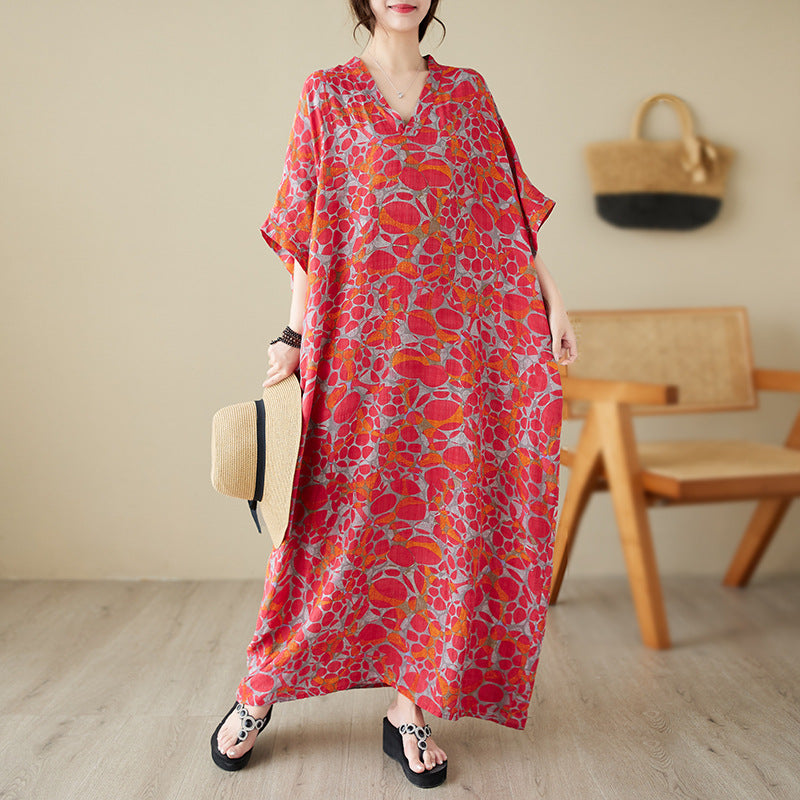 Real shot 2023 summer thin cotton and linen v-neck large size loose literary beach dress retro long robe