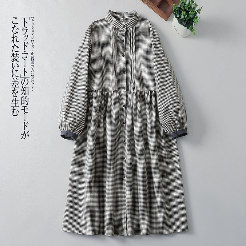 Real shot 2025 autumn new Japanese literary plaid long-sleeved shirt dress loose and thin long dress women