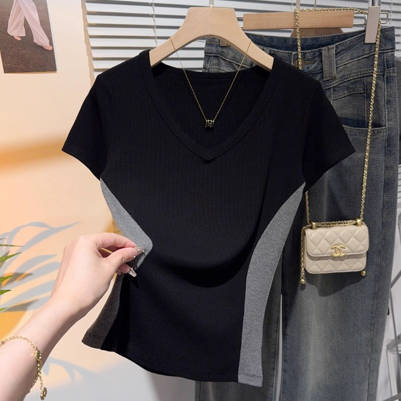 Threaded front shoulder small v-neck short-sleeved T-shirt female slim and thin design sense niche chic contrasting color splicing t-shirt top