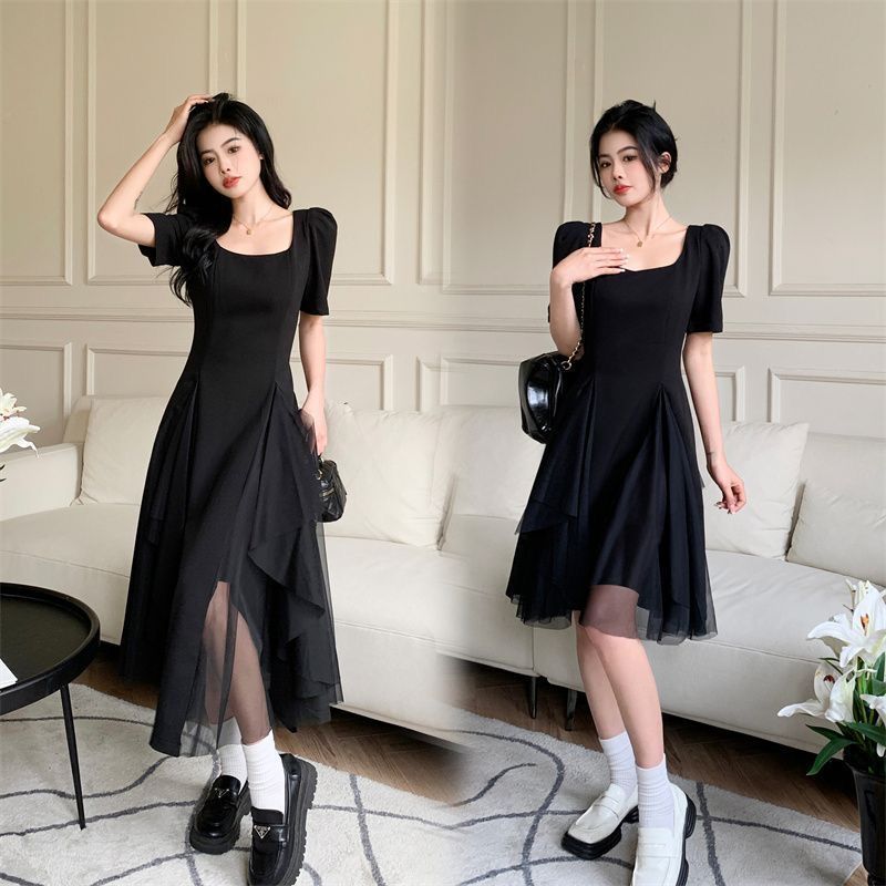 Large size belly covering irregular mesh Hepburn style long dress female summer fat sister retro thin square neck small black dress