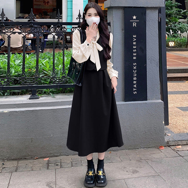 2026 autumn large size women's clothing fat mm thin belly cover dress new foreign style fashion Korean version splicing fake two pieces