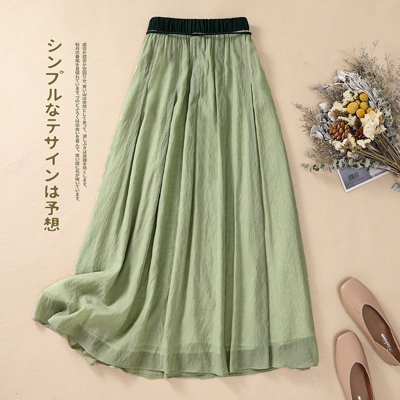 Real shot 2025 summer new literary loose solid color elastic waist A word medium and long skirt women #661 #
