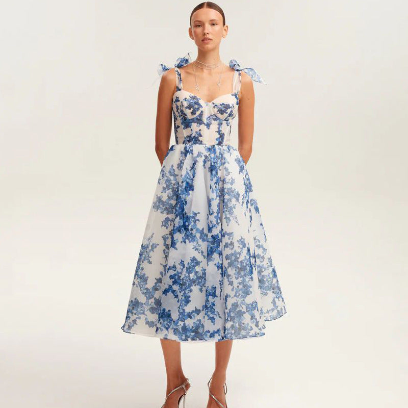 Stylish and sexy printed suspender evening dress floral back strap women's dress female elegance and elegance