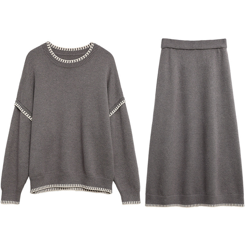 CHICVEN "Free Run" Winter New Lazy Crew Neck Contrasting Edge Sweater Knitted Skirt Set