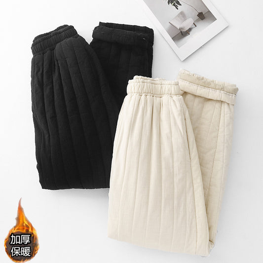 Thickened cotton-padded thermal trousers, new cotton and linen quilted vertical grid casual cotton-padded trousers for women's outer wear in autumn and winter of 2025