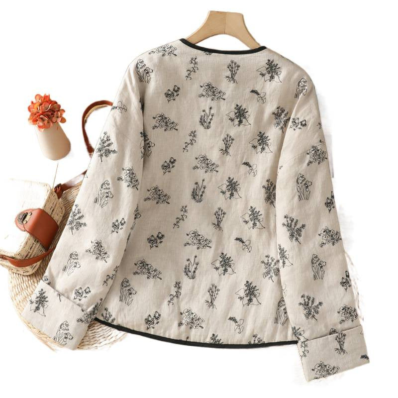 In the winter of 2025, the new cotton and linen cotton-padded jacket with cotton and thickened jacket, round neck small fragrant style new Chinese women's cotton clothes.
