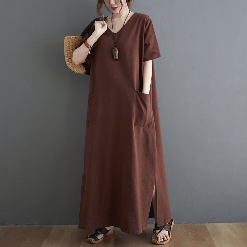 The real shot is in the summer of 2025, the new literary large size loose solid color V-neck short-sleeved dress, women's long dress 6385 #