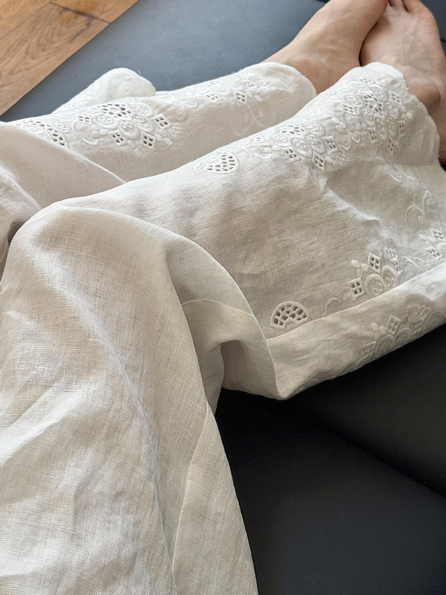 Lazy wind white hollow embroidered linen wide-leg pants women's 2025 new design versatile and thin cotton and linen pants