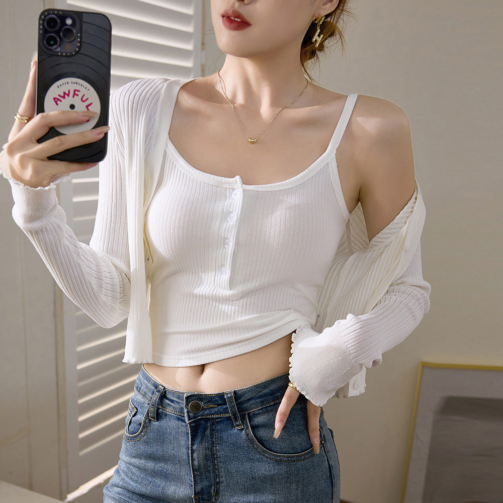 Cross-border popular short halter shirt button small vest women's summer 2026 new solid color fashion inner bottom top