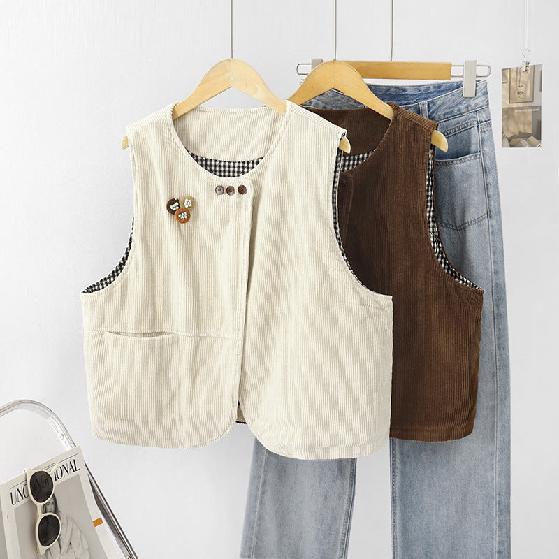 Real shot 2025 autumn new large size corduroy Mori retro vest niche sleeveless cotton vest jacket women