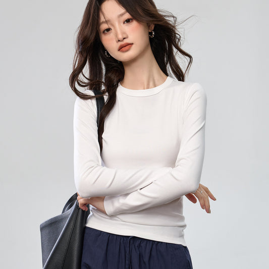 精梳纯棉 明线设计百搭2026秋装新款长袖T恤女简约圆领打底衫上衣