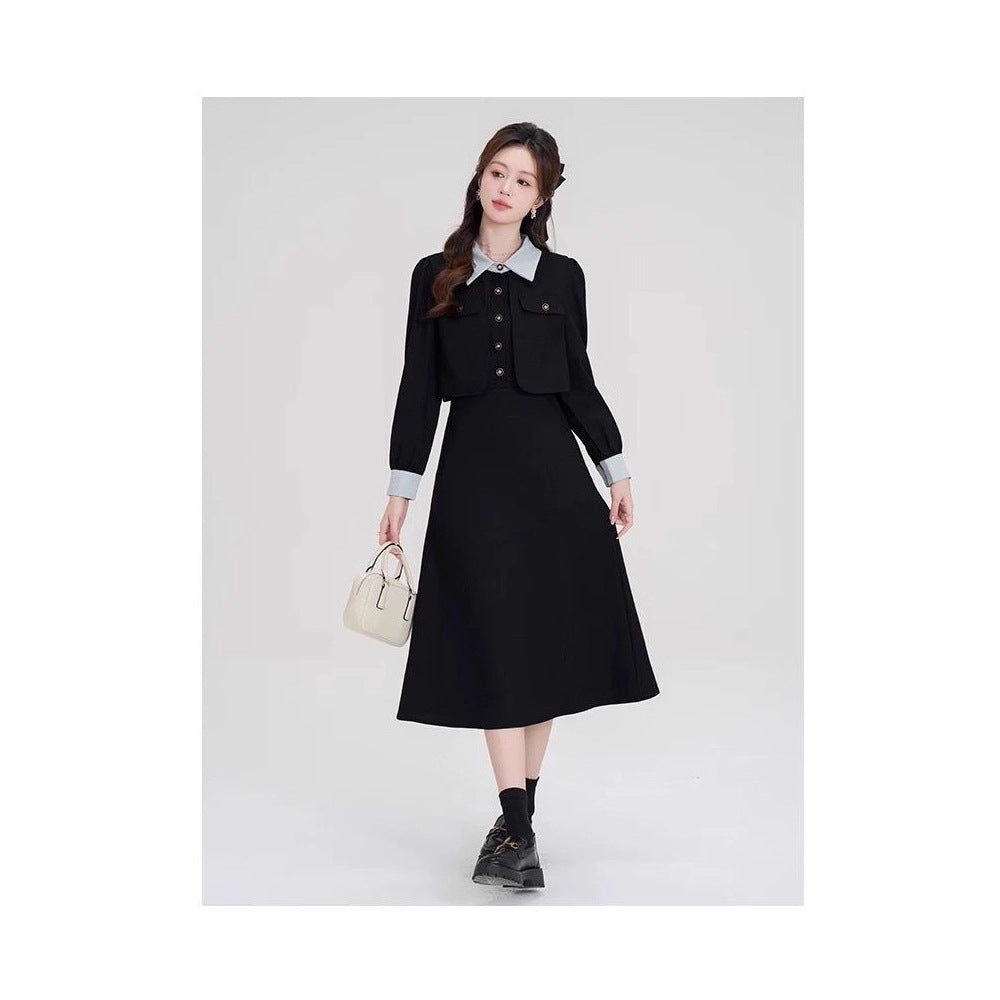 French fake two-piece temperament high-end black long-sleeved large size fat mm2025 autumn and winter women's clothing waist dress