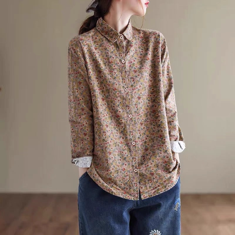 Spring 2024 new cotton and linen large size literary loose floral long-sleeved shirt top women #2022