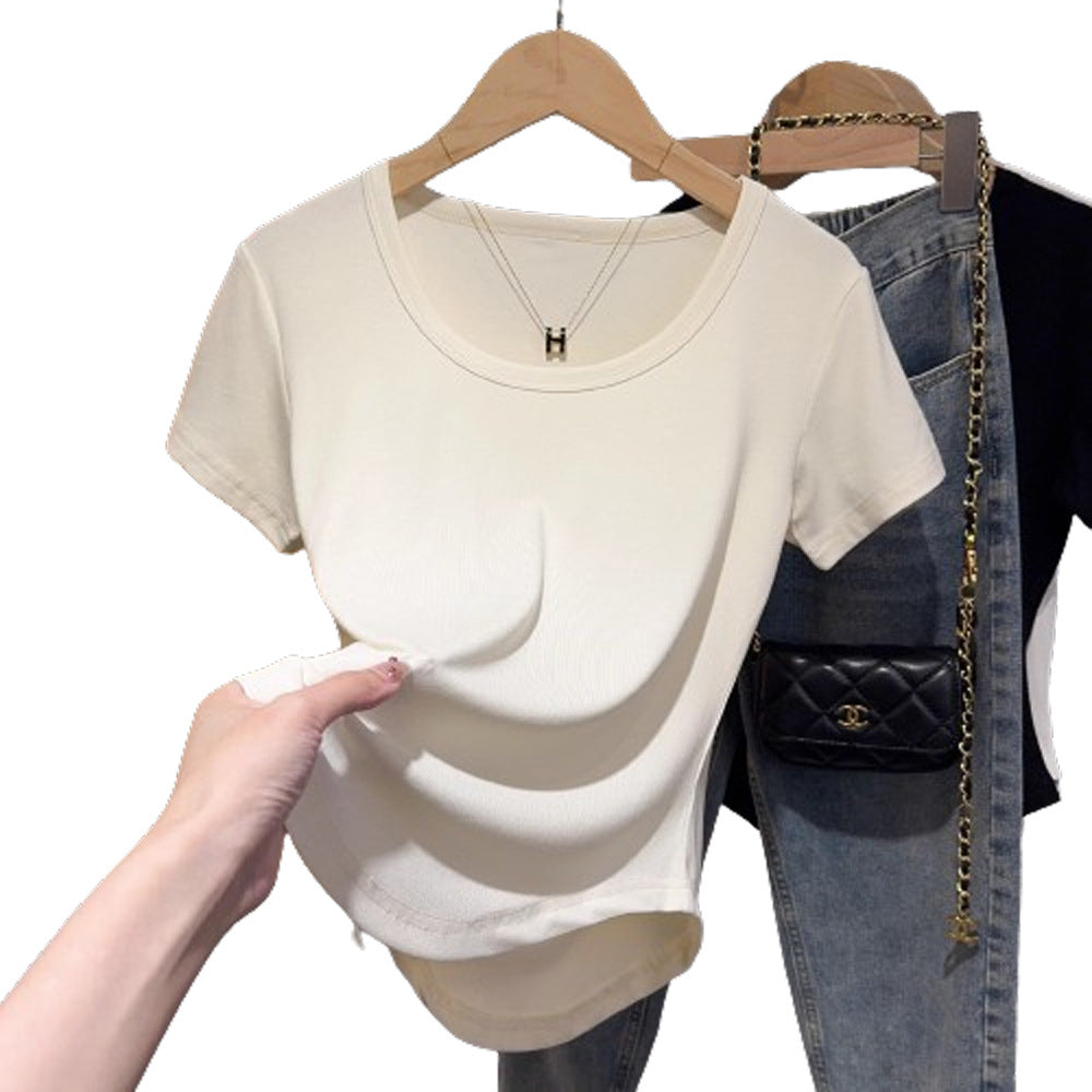 Threaded versatile U-neck short-sleeved T-shirt women's curved hem design sense niche apricot bottoming shirt sexy hottie top
