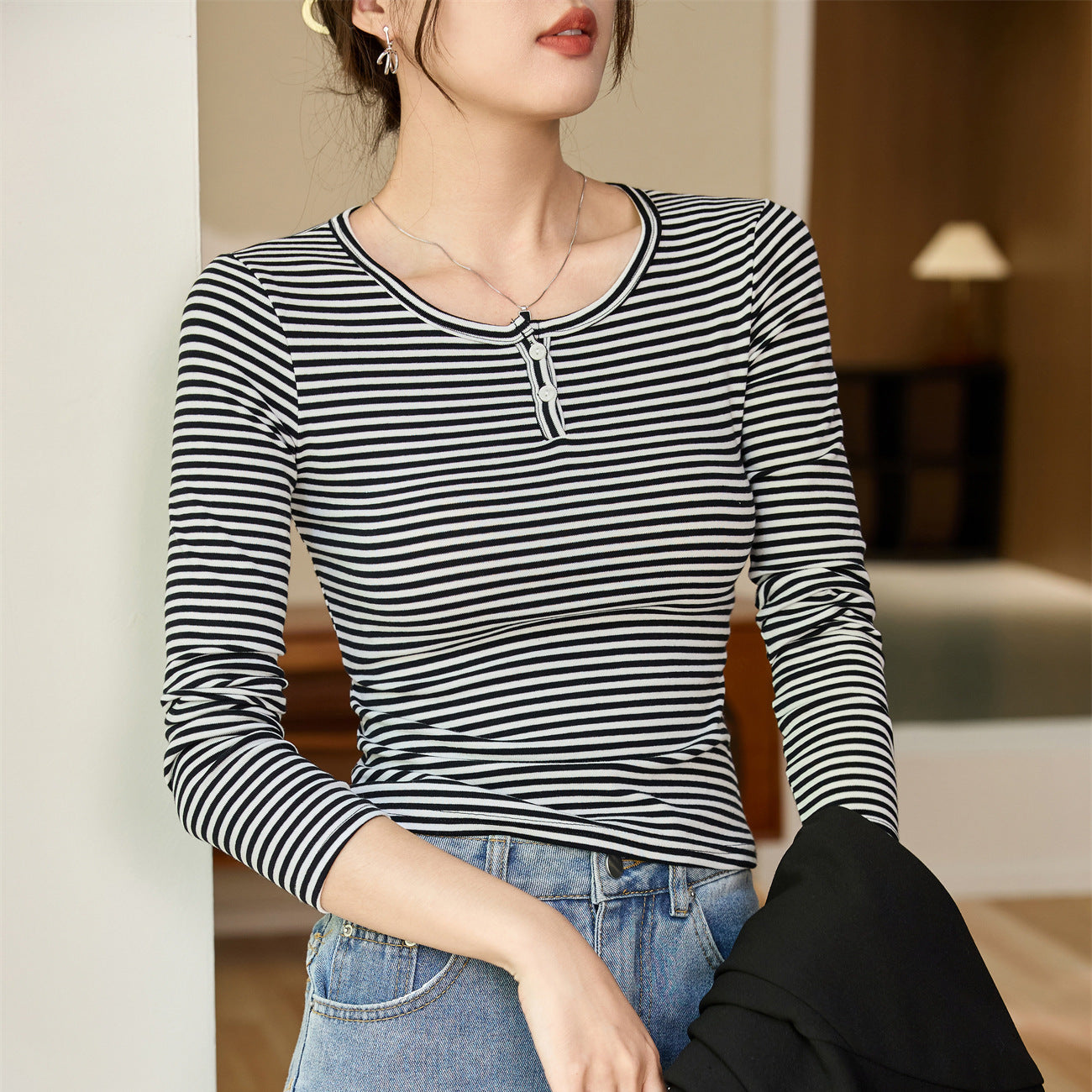 #Selection of high-quality products #pure cotton T-shirt women's striped long-sleeved top 2026 autumn and winter new high-end foreign-style bottoming shirt