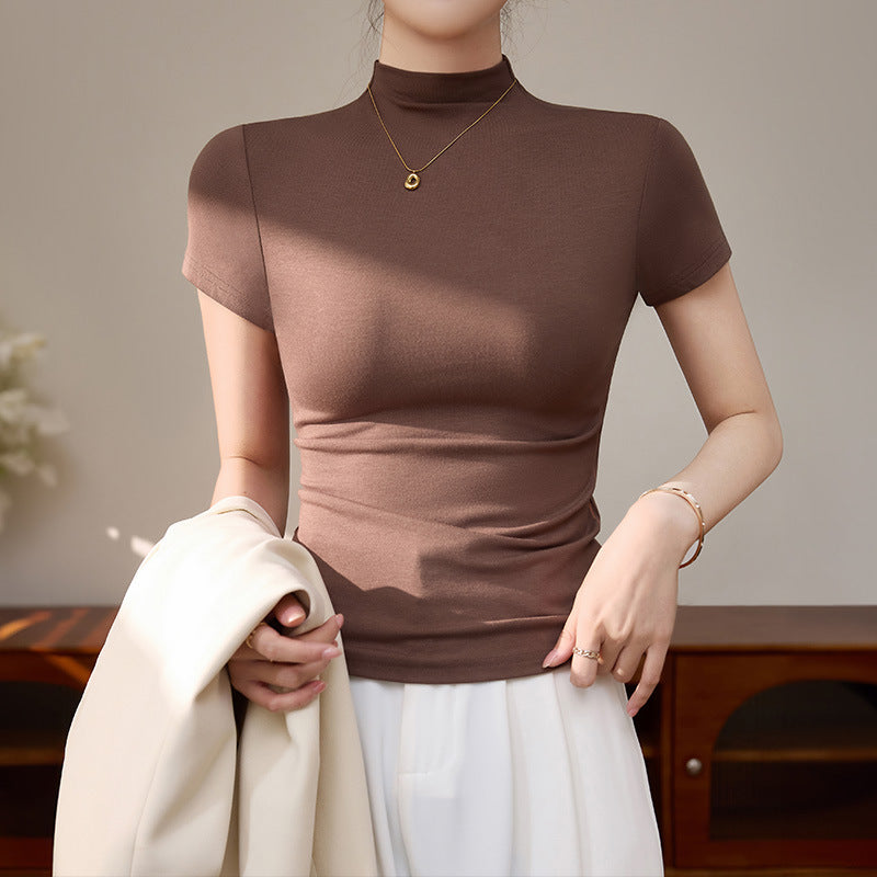 Semi-high-necked short-sleeved T-shirt women's Korean version of daily wear gray top threaded slimming hot girl spring and summer base shirt