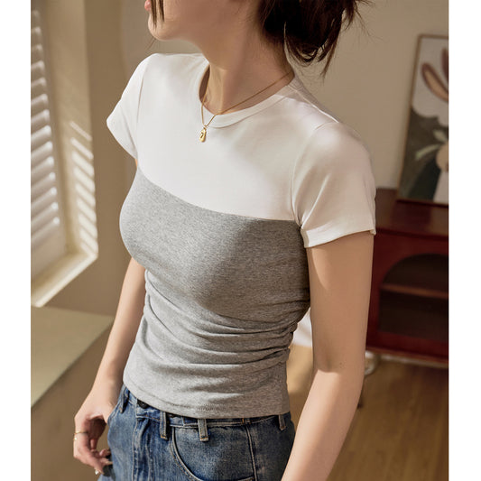 [Selection of pure cotton] Contrasting color splicing T-shirt women's 2026 summer new slim and thin shoulder bottom short-sleeved top