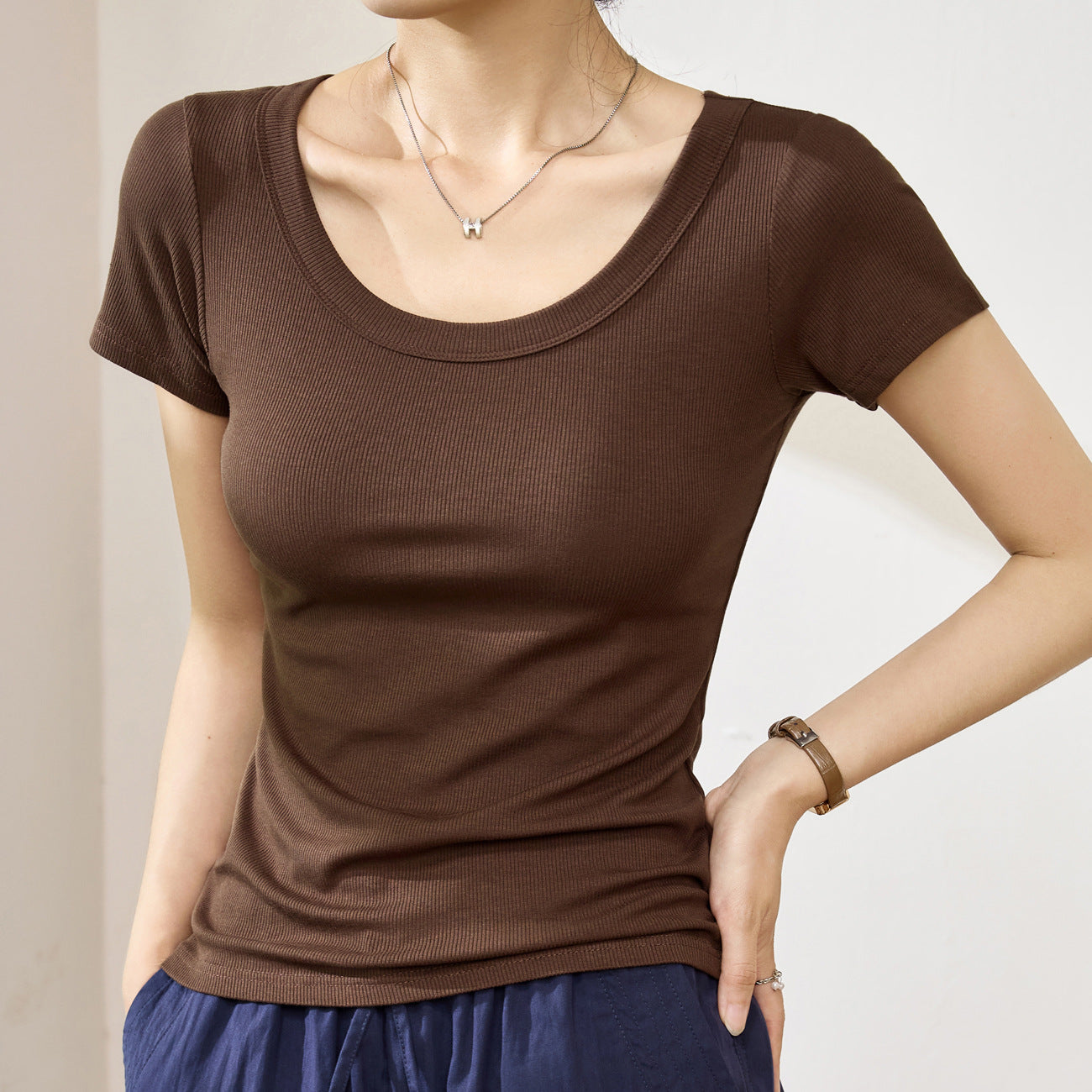 High elastic threaded cotton U-neck T-shirt women's short-sleeved 2026 summer new thin high-end versatile top front shoulder bottoming shirt