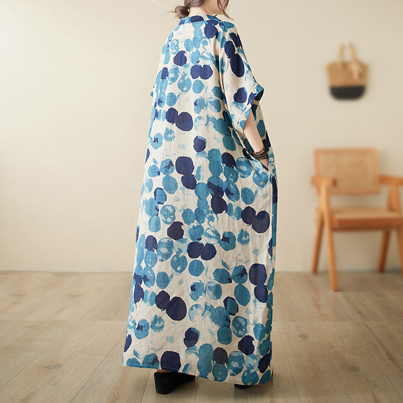 Real shot 2024 spring and summer V-neck thin cotton and linen large size loose literary holiday wind beach skirt retro long robe