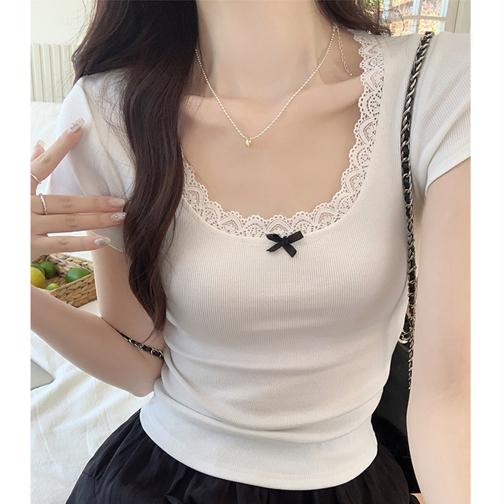 Ballet style pure desire gentle lace T-shirt women's 2026 summer new retro short-sleeved pure cotton bottoming shirt top