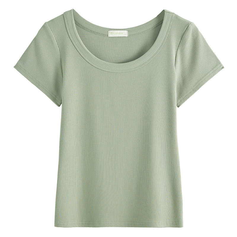 High elastic threaded cotton U-neck T-shirt women's short-sleeved 2026 summer new thin high-end versatile top front shoulder bottoming shirt