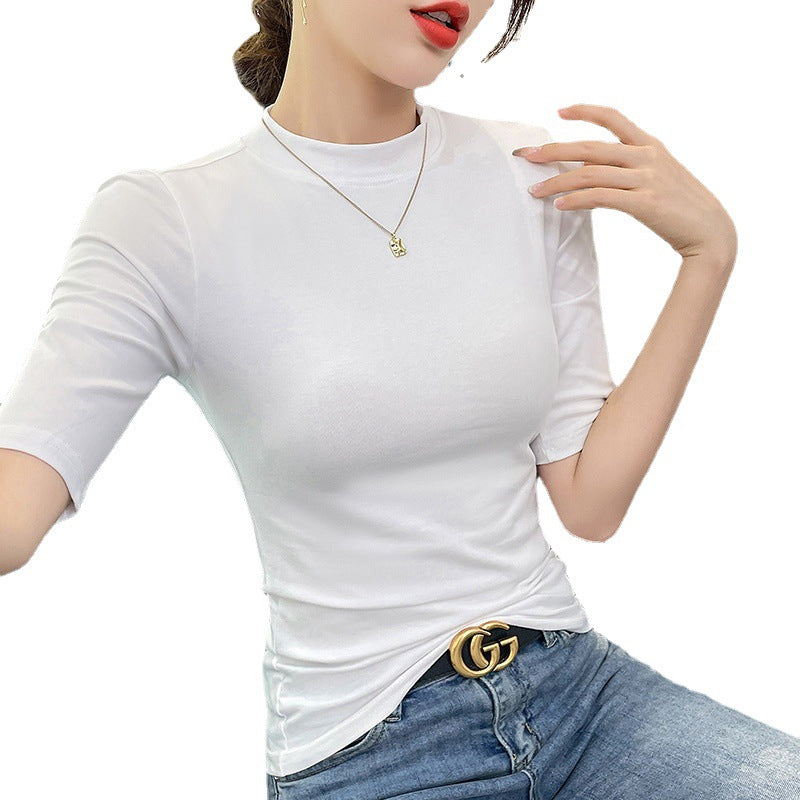 White cotton semi-turtleneck five-quarter-sleeved T-shirt women's medium-sleeved belly-covering bottoming shirt slim-fitting top temperament commuting