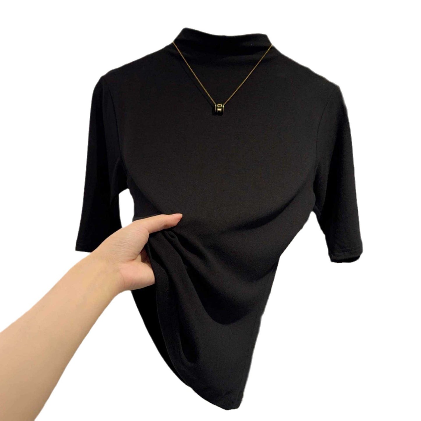 Semi-turtleneck medium-sleeved T-shirt women's spring and autumn new black five-quarter-sleeved versatile fashionable foreign-style top bottoming shirt