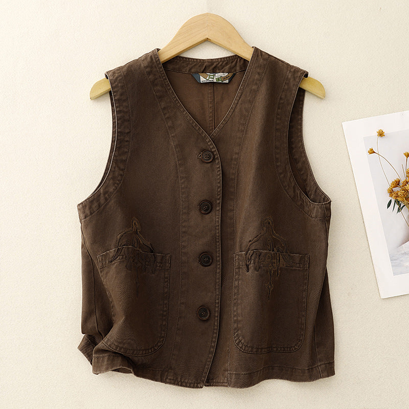 Real shot 2025 spring new literary embroidery pocket tooling vest vest vest vest horse girl