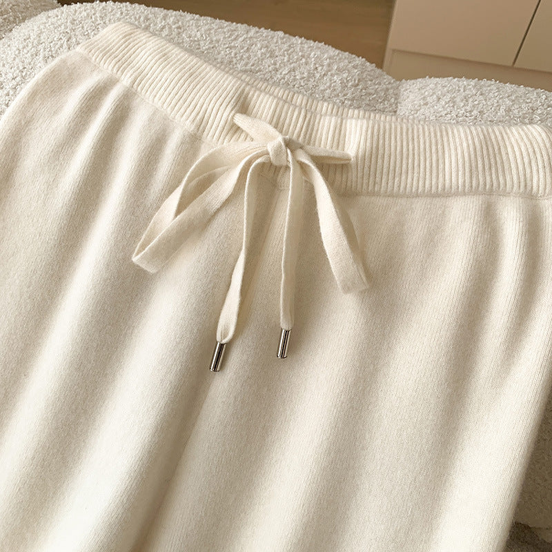 Thickened soft waxy texture 100% wool knitted wide-leg pants women's autumn and winter wear straight cashmere casual drape trousers