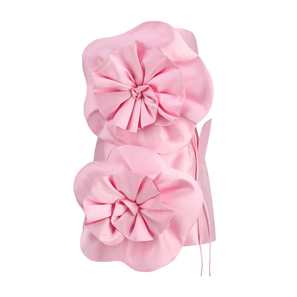Cross-border French high-end three-dimensional flower sleeveless short skirt women's design dress waist strap bandeau dress