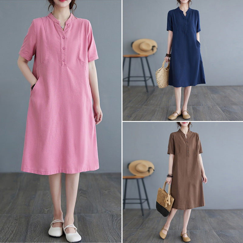 The real shot is in the summer of 2025, the new literary and loose solid color cotton and linen V-neck short-sleeved dress for women's medium and long 1685 #