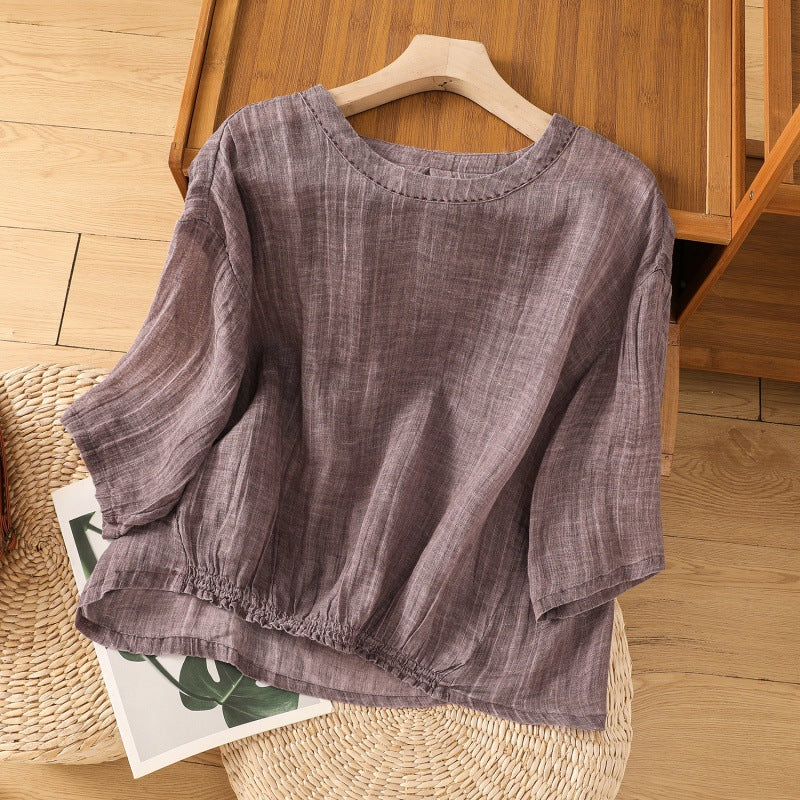 Real shot 2024 summer new cotton and linen literary and retro Chinese style loose short-sleeved top T-shirt women #6755